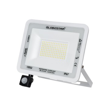 GloboStar® AURORA 61444 Επαγγελματικός Προβολέας LED 100W 12500lm 120° AC 220-240V με Ενσωματωμένο Ρυθμιζόμενο Αισθητήρα Κίνησης PIR - Αδιάβροχος IP67 - Μ25 x Π6.5 x Υ27.5cm - Λευκό - Ψυχρό Λευκό 6000K - LUMILEDS Chips - TÜV Rheinland Certified - 3 Years 