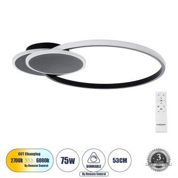 GloboStar® CIRCUO 61229 Φωτιστικό Οροφής Δαχτυλίδι-Κύκλος LED CCT 75W 8400lm 360° AC 220-240V - Εναλλαγή Φωτισμού μέσω Τηλεχειριστηρίου All In One Ψυχρό 6000k+Φυσικό 4500k+Θερμό 2700k Dimmable Μ53 x Π42.5 x Υ9cm - Μαύρο - 3 Years Warranty