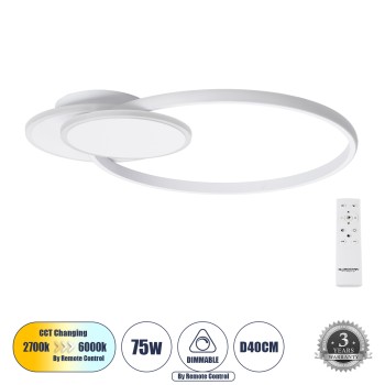 GloboStar® CIRCUO 61230 Φωτιστικό Οροφής Δαχτυλίδι-Κύκλος LED CCT 75W 8400lm 360° AC 220-240V - Εναλλαγή Φωτισμού μέσω Τηλεχειριστηρίου All In One Ψυχρό 6000k+Φυσικό 4500k+Θερμό 2700k Dimmable Μ53 x Π42.5 x Υ9cm - Λευκό - 3 Years Warranty