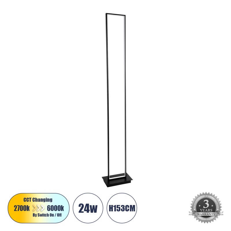 GloboStar® CORNELIE 60463 Επιδαπέδιο Φωτιστικό LED CCT 24W 2640lm 200° AC 220-240V - Εναλλαγή Φωτισμού μέσω Διακόπτη On/Off All In One Ψυχρό 6000k+Φυσικό 4500k+Θερμό 2700k Μ26 x Π16 x Υ153cm - Μαύρο - 3 Χρόνια Εγγύηση